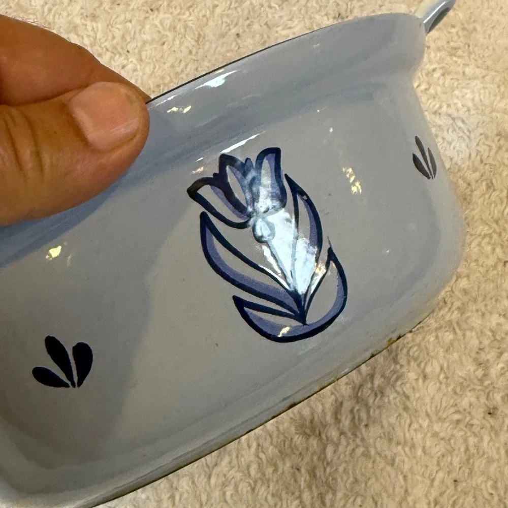 Vintage Holland Enamelware Casserole Dish with Lid Blue Tulip Floral 7.5 Inch